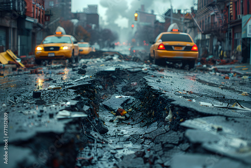 Destroyed American City Street with Taxi After Earthquake. A gripping scene of a city street devastated by an earthquake with large cracks in the asphalt and taxi cabs in the background, portraying st