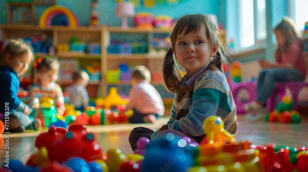 An adorable sight of young children enjoying playful activities in a cheerful kindergarten environment, fostering friendships and exploration