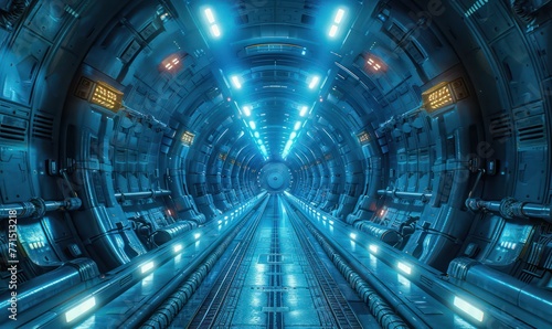 Futuristic tunnel in space inside a metal capsule, evoking technology and mystery