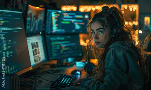 An inspiring image showcasing the ambition and drive of a female digital entrepreneur, immersed in her work on the computer as she endeavors to make her startup venture a success