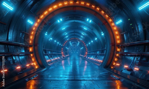 Futuristic tunnel in space inside a metal capsule  evoking technology and mystery