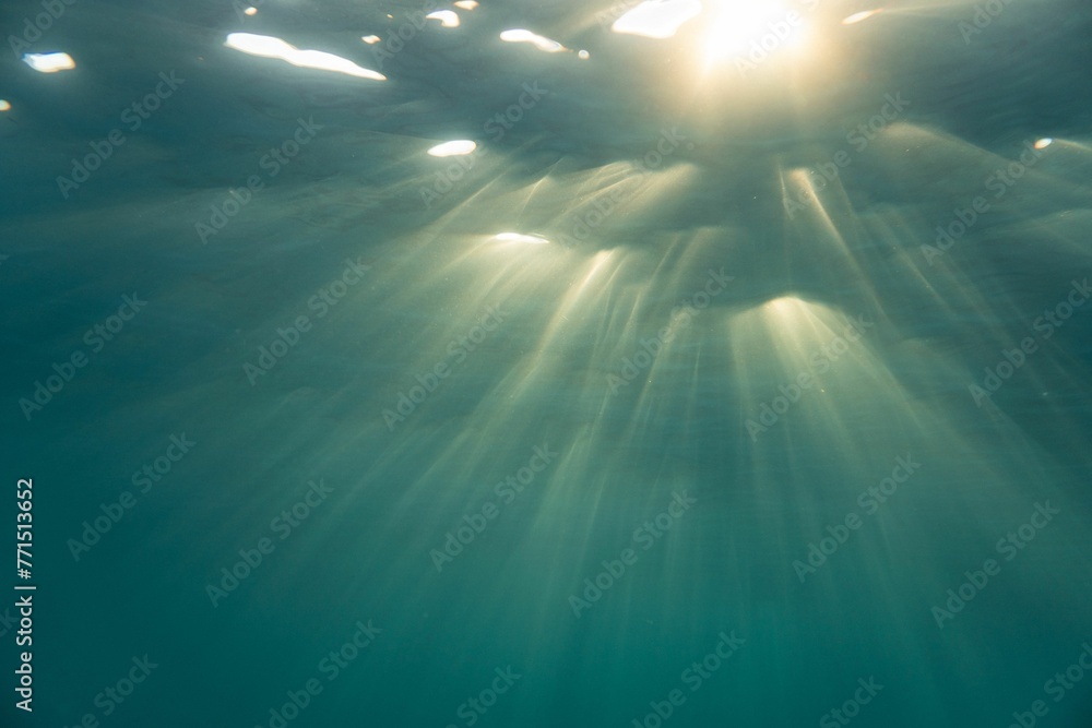 Scenic underwater view of sunlight beaming through water surface - obrazy, fototapety, plakaty 