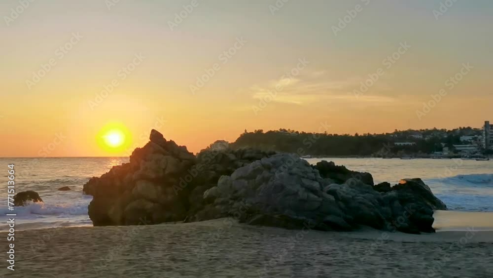 Colorful golden sunset big wave and beach Puerto Escondido Mexico. Colorful golden sunset big wave and beach Puerto Escondido Mexico.