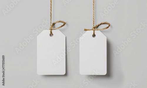 Two white rectangular cardboard price tags hang on string, blank and ready for labeling. 