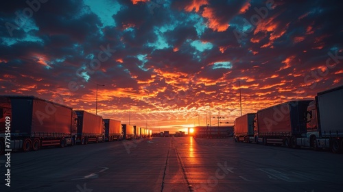 Parked trucks in front of bright sunrise