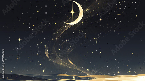 The black and gray gradient of the starry sky in a watercolor style, the stars are golden, and the moon is also golden, illustration.