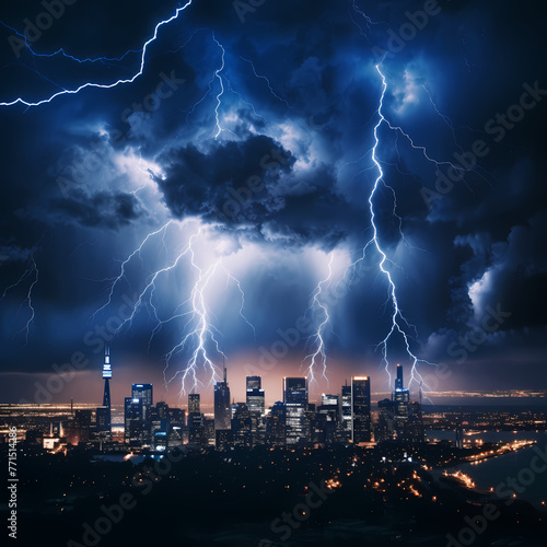 A dramatic lightning storm over a city skyline