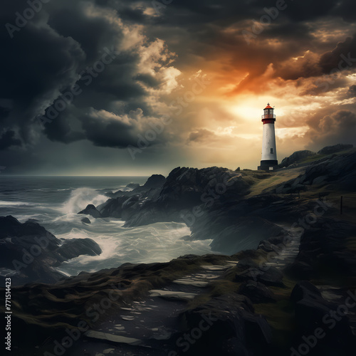 A dramatic stormy sky over a solitary lighthouse overseeing the ocean waves