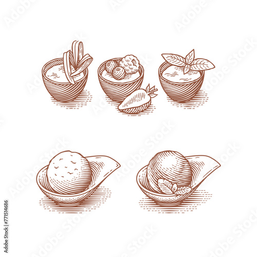 Cakes and desserts. Ice cream. Hand drawn engraving style illustrations. 