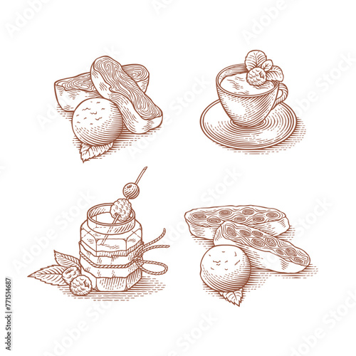 Strudel, creme brulee. Desserts. Berry dessert. Hand drawn engraving style illustrations.
