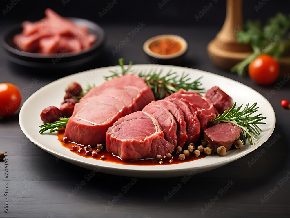 Meat in the kitchen, meat modern in plate decoration for background