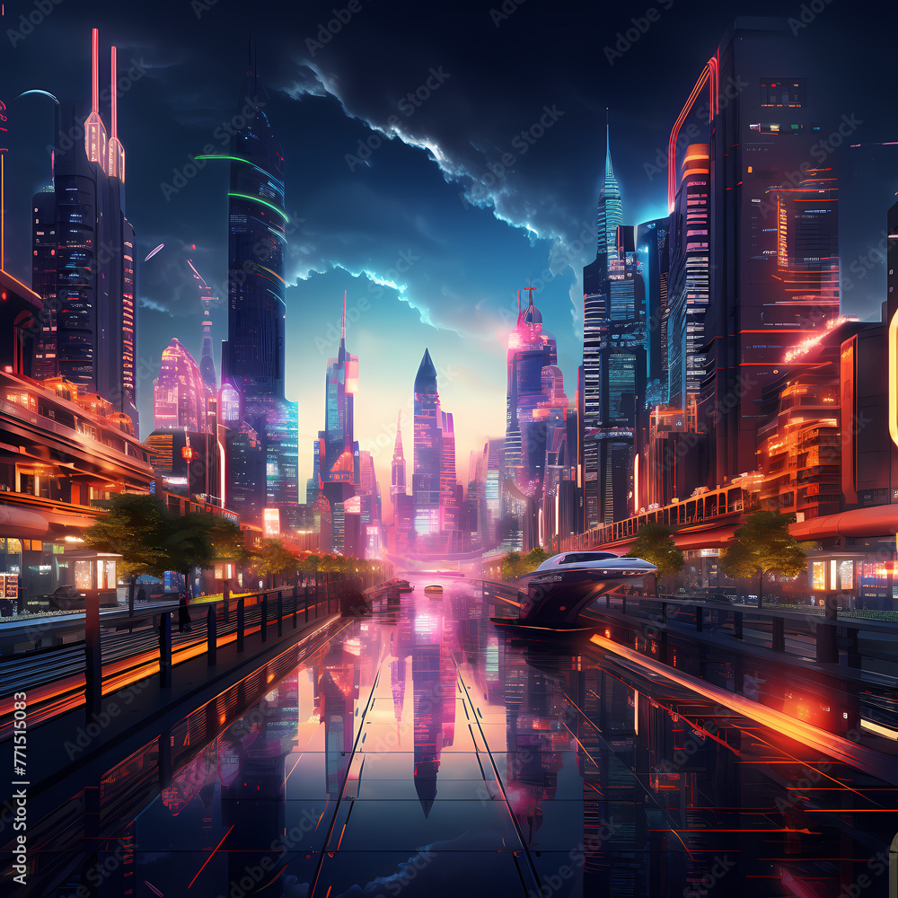 A futuristic cityscape at dusk with neon lights.