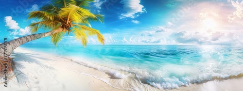 Beautiful tropical beach with white sand, turquoise ocean on background blue sky with clouds on sunny summer day. Palm tree leaned over water. Perfect landscape for relaxing vacation, island Maldives.
