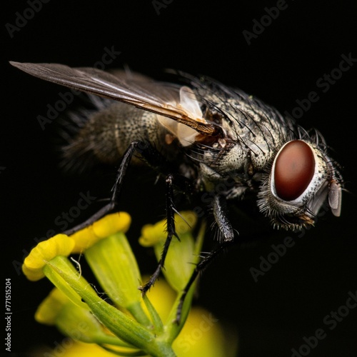 Macro shot of flesh fly on a flower isolated on a black background. © Wirestock