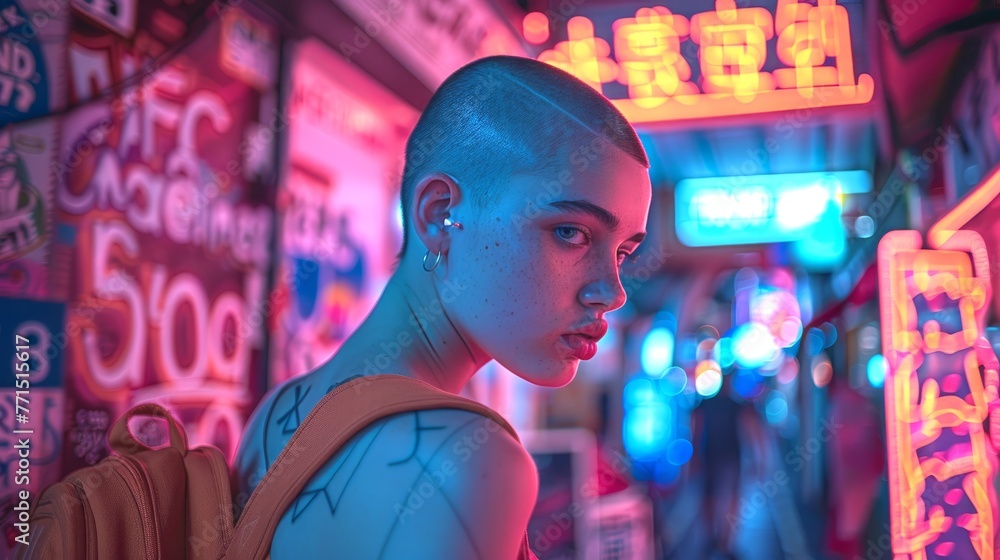 Fototapeta premium Woman Standing in Front of Neon Signs