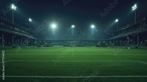 Empty night grand soccer arena in the lights, football soccer stadium. field, with illumination, green grass, and soccer background © Khalif