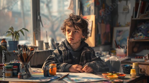 Young Boy Sitting at Table by Window