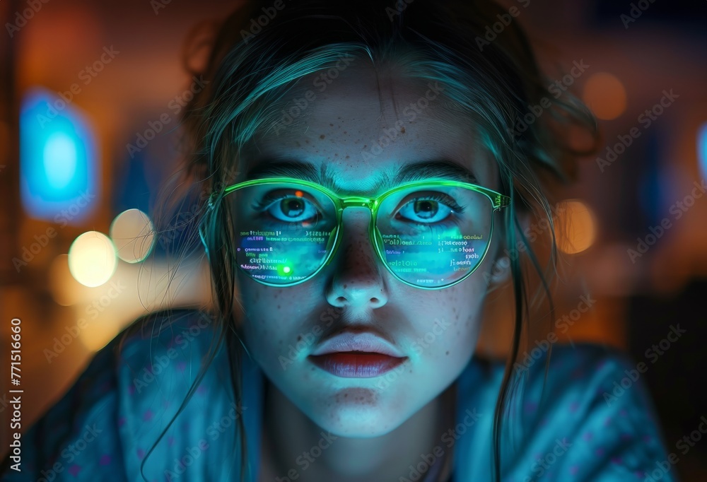 Woman Wearing Neon Glasses Looking at Camera Woman Wearing Neon Glasses Looking at Camera