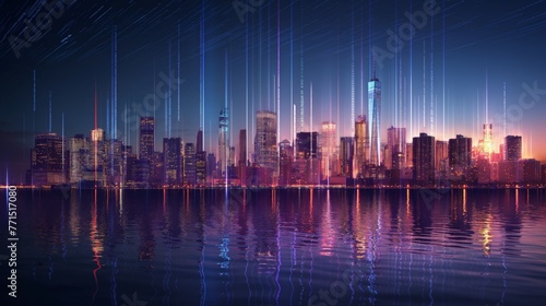 A futuristic city skyline at dusk with digital data streaming upwards against a dark blue sky, reflecting in water.