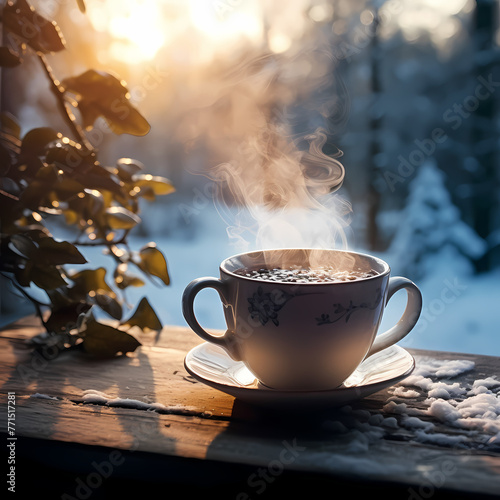 A steaming cup of tea on a cozy winter morning. 