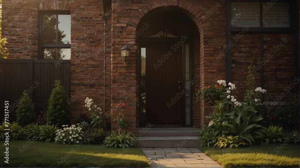 brown brick wall house facade front yard lawn and flowers with bright dramatic lighting sunlight from Generative AI
