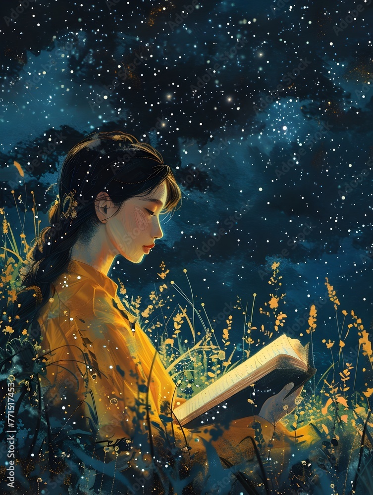 Ethereal Poet Reciting Beneath the Starry Skies,Her Glowing Skin Illuminated by the Cosmos - obrazy, fototapety, plakaty 