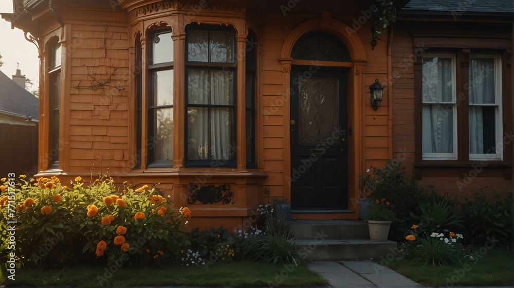 Small old orange victorian house facade front yard lawn and flowers with bright dramatic lighting sunlight from Generative AI