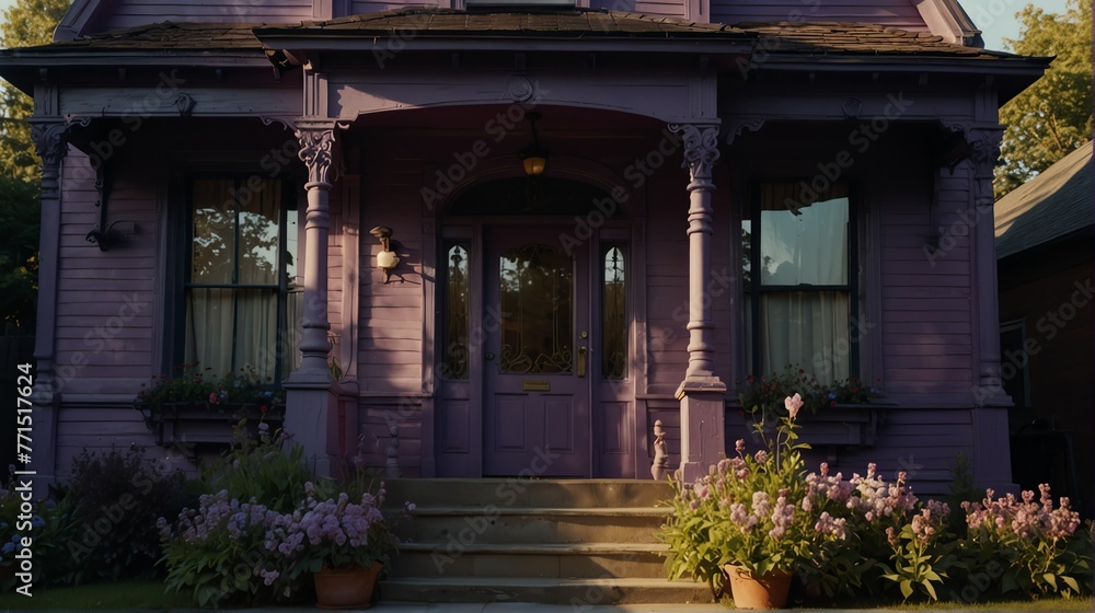 Small old purple victorian house facade front yard lawn and flowers with bright dramatic lighting sunlight from Generative AI