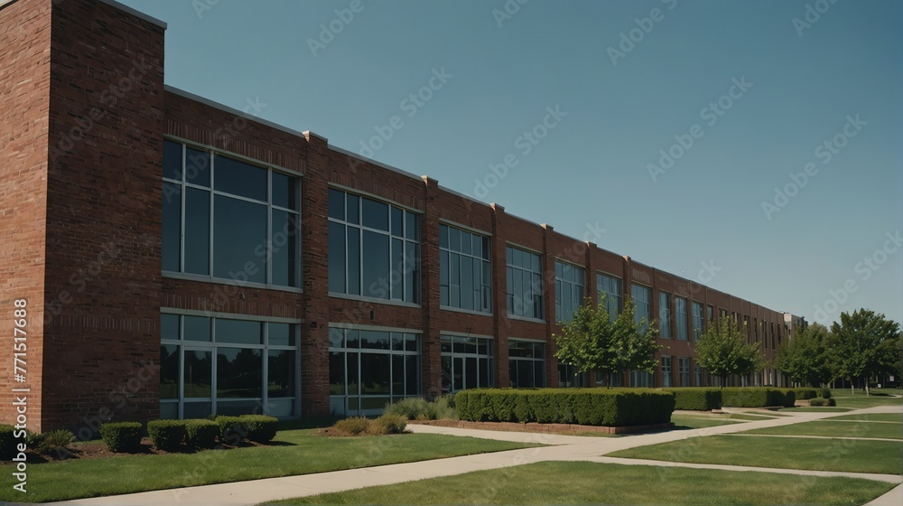 Streetview facade of generic high school building made of gray bricks with lawn and bushes in front and clear blue sky above from Generative AI Streetview facade of generic high school building made of gray bricks with lawn and bushes in front and clear blue sky above from Generative AI