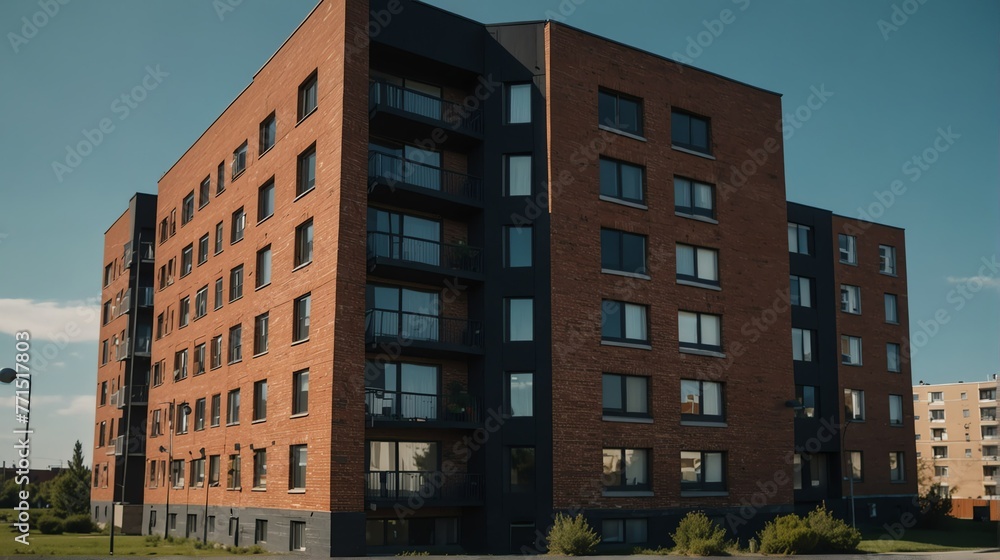 Streetview facade of generic modern black theme brick apartment building complex with lawn and bushes in front and blue sky from Generative AI