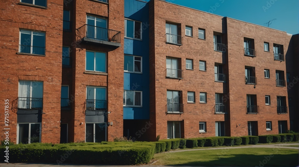 Streetview facade of generic modern blue theme brick apartment building complex with lawn and bushes in front and blue sky from Generative AI Streetview facade of generic modern blue theme brick apartment building complex with lawn and bushes in front and blue sky from Generative AI