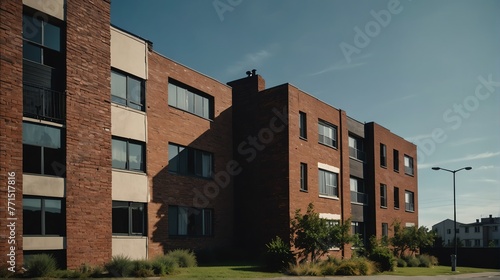 Streetview facade of generic modern black theme brick apartment building complex with lawn and bushes in front and blue sky from Generative AI