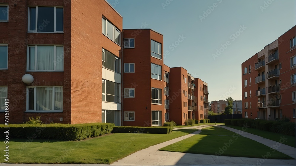 Streetview facade of generic modern orange theme brick apartment building complex with lawn and bushes in front and blue sky from Generative AI