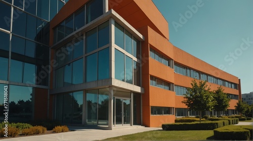 Streetview facade of generic modern orange theme government office building with lawn and bushes in front and clear blue sky from Generative AI photo