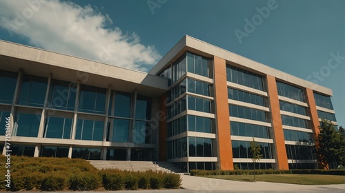 Streetview facade of generic modern orange theme government office building with lawn and bushes in front and clear blue sky from Generative AI