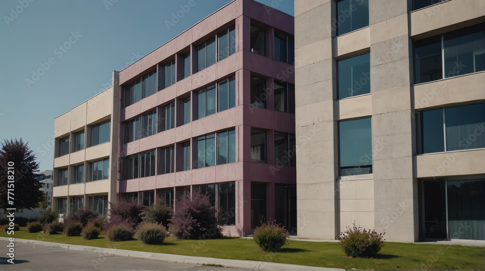 Streetview facade of generic modern purple theme government office building with lawn and bushes in front and clear blue sky from Generative AI