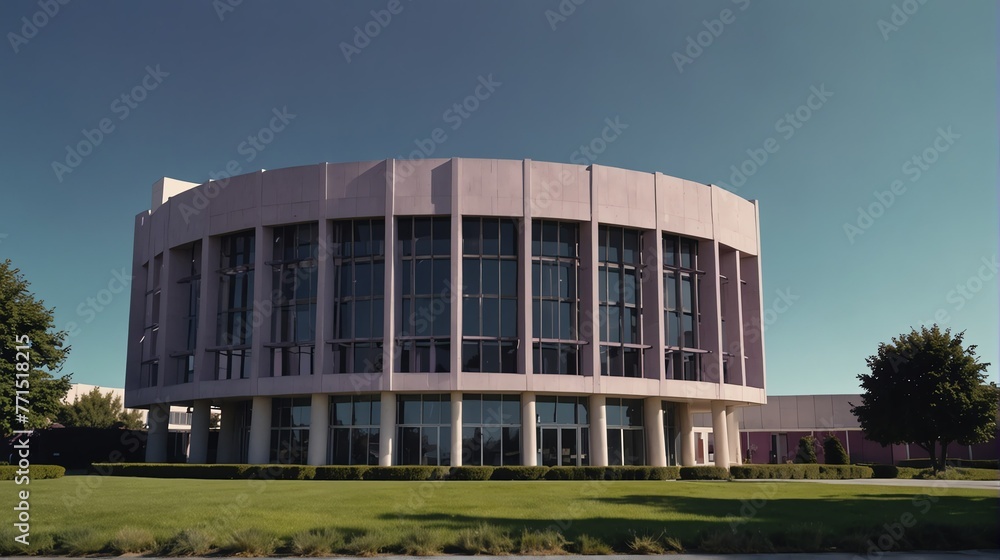 Obraz premium Streetview facade of generic modern purple theme government office building with lawn and bushes in front and clear blue sky from Generative AI