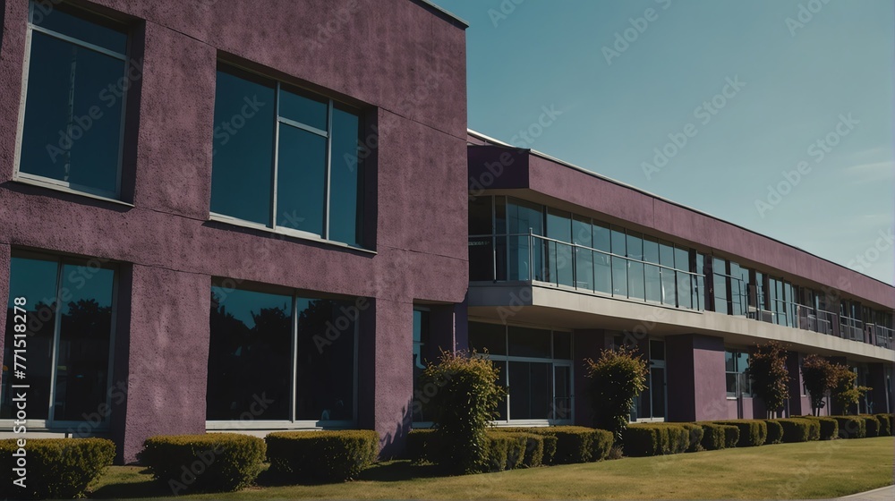 Streetview facade of generic modern purple theme university school building with lawn and bushes in front and clear blue sky from Generative AI