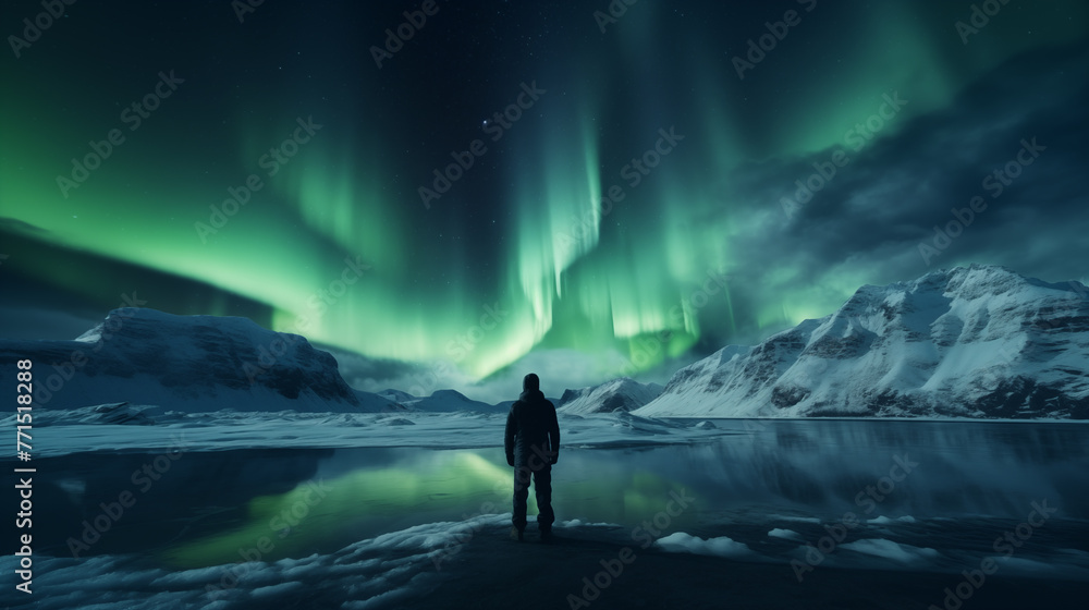 A man standing on the top of a mountain admiring the view of the aurora borealis or northern lights.