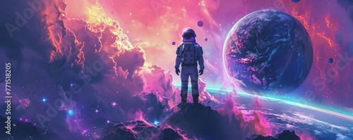 Abstract portrayal of cosmic adventure in stunning poster art Astronaut silhouette stands against surreal space backdrop featuring distant planets and celestial sands photo