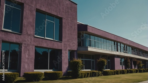 Streetview facade of generic modern purple theme university school building with lawn and bushes in front and clear blue sky from Generative AI