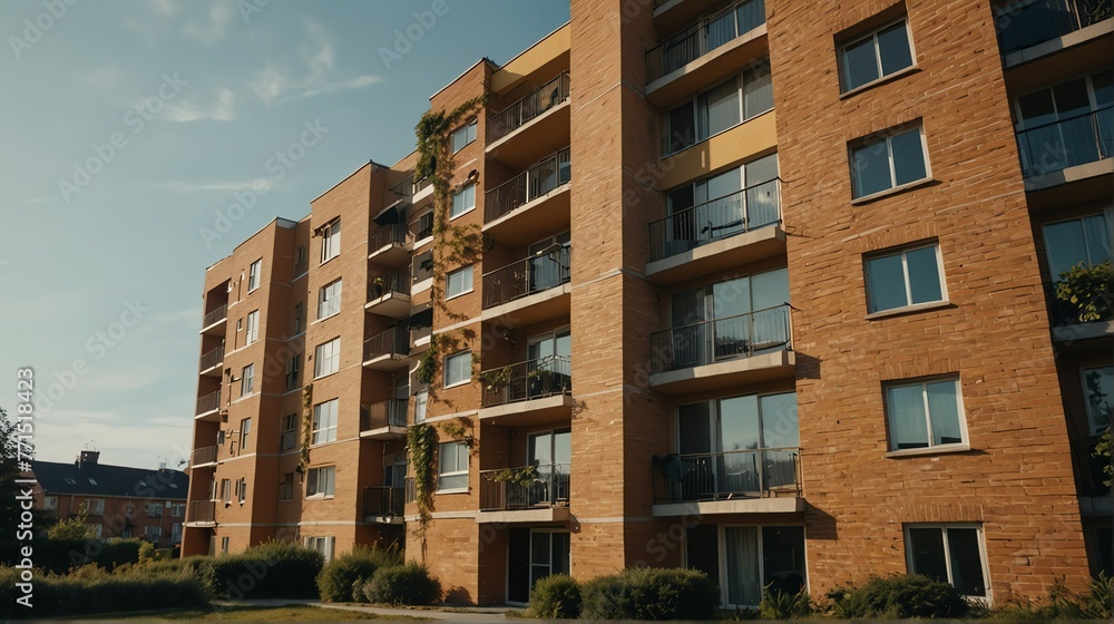 Streetview facade of generic modern yellow theme brick apartment building complex with lawn and bushes in front and blue sky from Generative AI Streetview facade of generic modern yellow theme brick apartment building complex with lawn and bushes in front and blue sky from Generative AI
