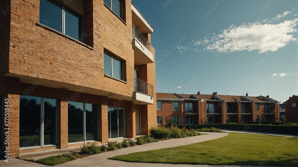 Fototapeta premium Streetview facade of generic modern yellow theme brick apartment building complex with lawn and bushes in front and blue sky from Generative AI