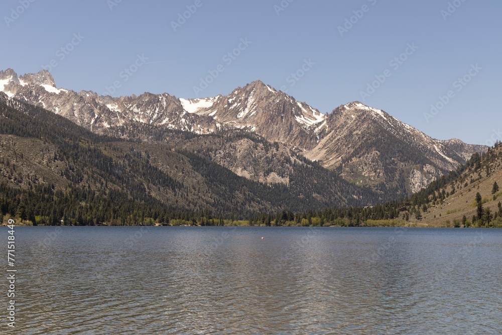 A beautiful shot of the Twin Lakes near snowy mountains in California