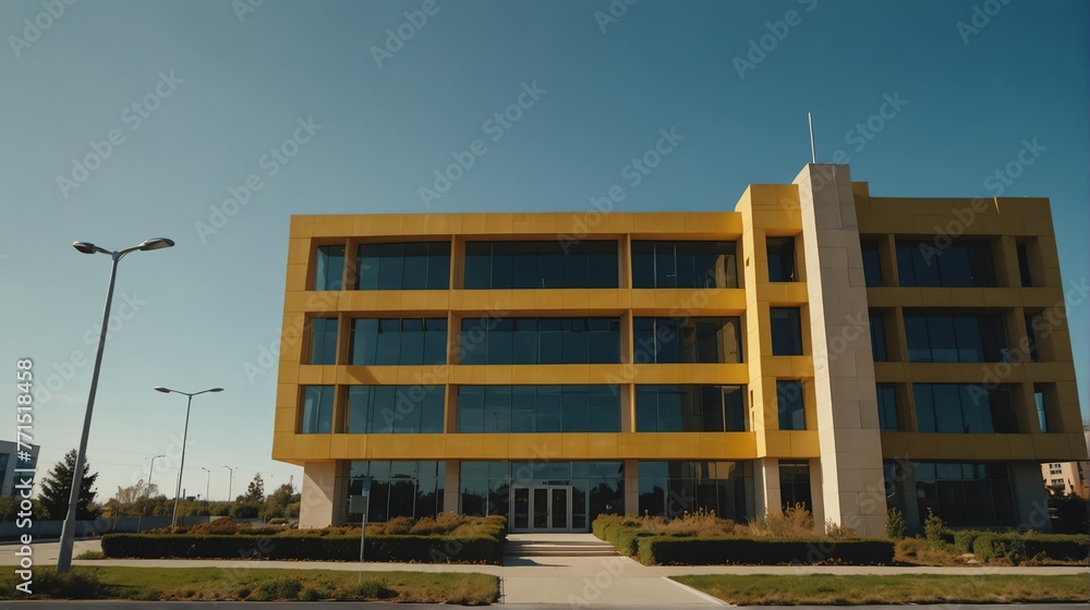 Streetview facade of generic modern yellow theme government office building with lawn and bushes in front and clear blue sky from Generative AI Streetview facade of generic modern yellow theme government office building with lawn and bushes in front and clear blue sky from Generative AI