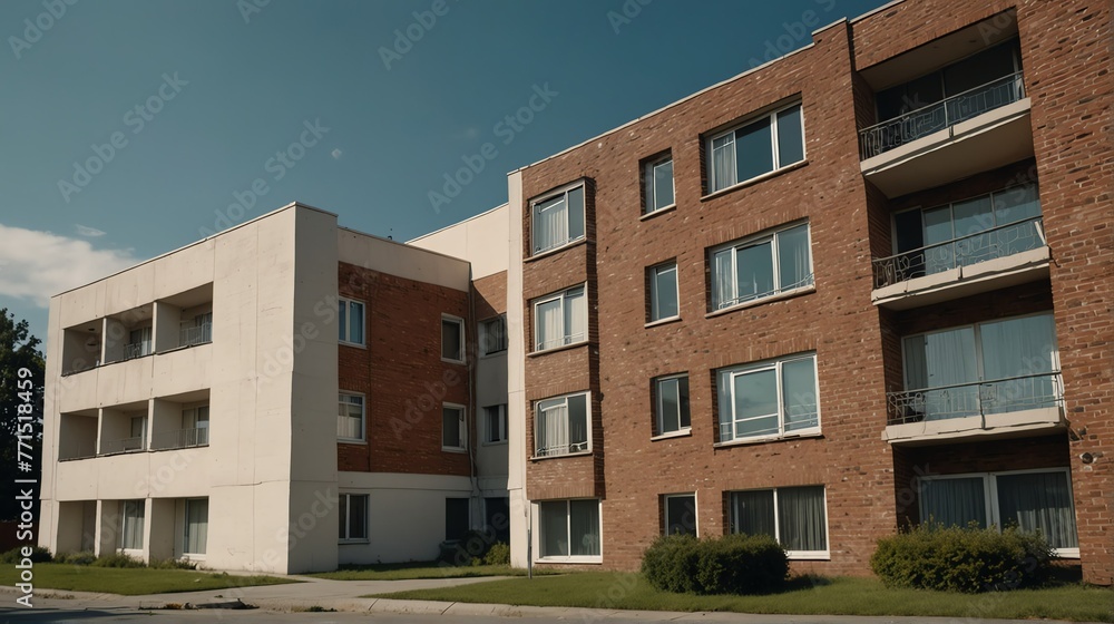 Streetview facade of generic modern yellow theme brick apartment building complex with lawn and bushes in front and blue sky from Generative AI