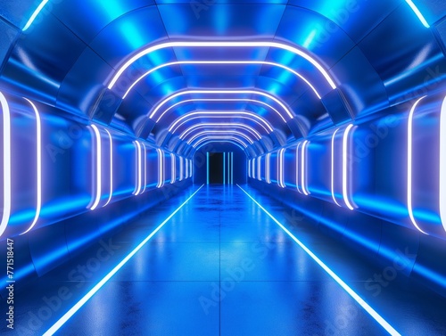 A sleek  illuminated corridor with blue lighting  evoking a high-tech  futuristic feel.