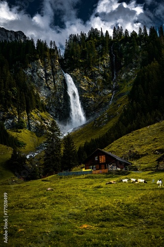 Vertical shot of a picturesque flowing waterfall on a cliff near valleys in Switzerland