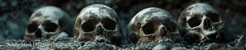 human skulls of skeletons in ground at archaeological underground excavations in burial grave
