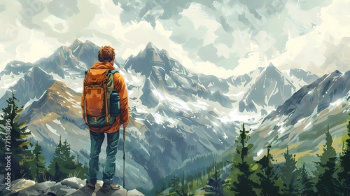 Backpacker at the Majestic Mountain Range Captivated by the Call of the Wild